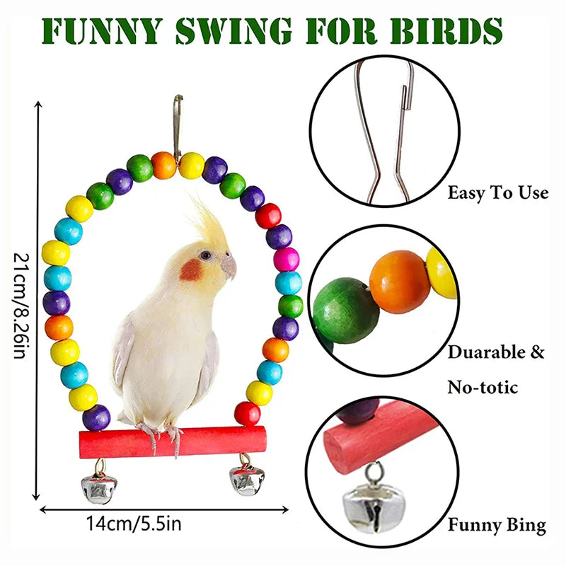 7-Piece Wooden Parrot Toy Set - Bird Cage Accessories: Swing, Ladder, Bridge and Bells
