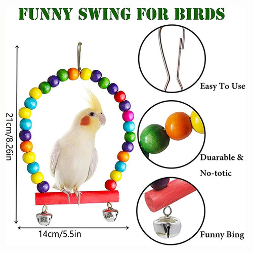 7-Piece Wooden Parrot Toy Set - Bird Cage Accessories: Swing, Ladder, Bridge and Bells