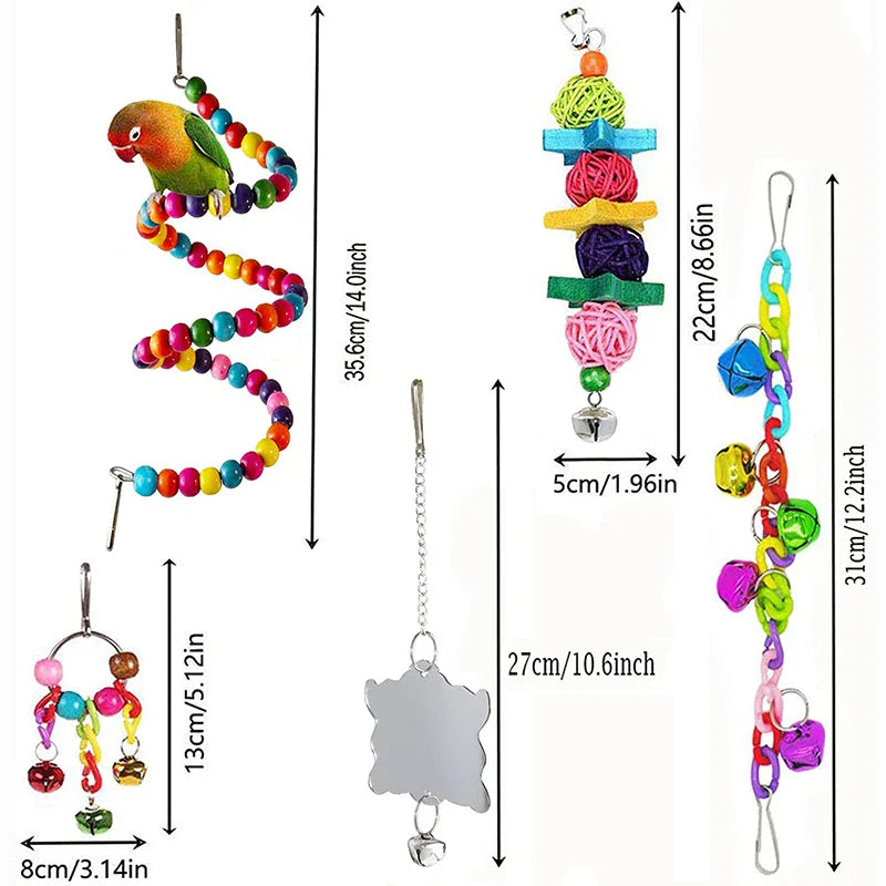 7-Piece Wooden Parrot Toy Set - Bird Cage Accessories: Swing, Ladder, Bridge and Bells